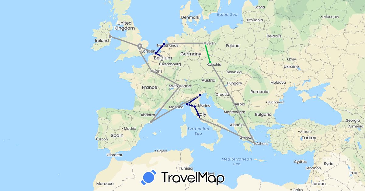 TravelMap itinerary: driving, bus, plane in Belgium, Switzerland, Czech Republic, Germany, Spain, France, United Kingdom, Greece, Ireland, Italy, Netherlands (Europe)